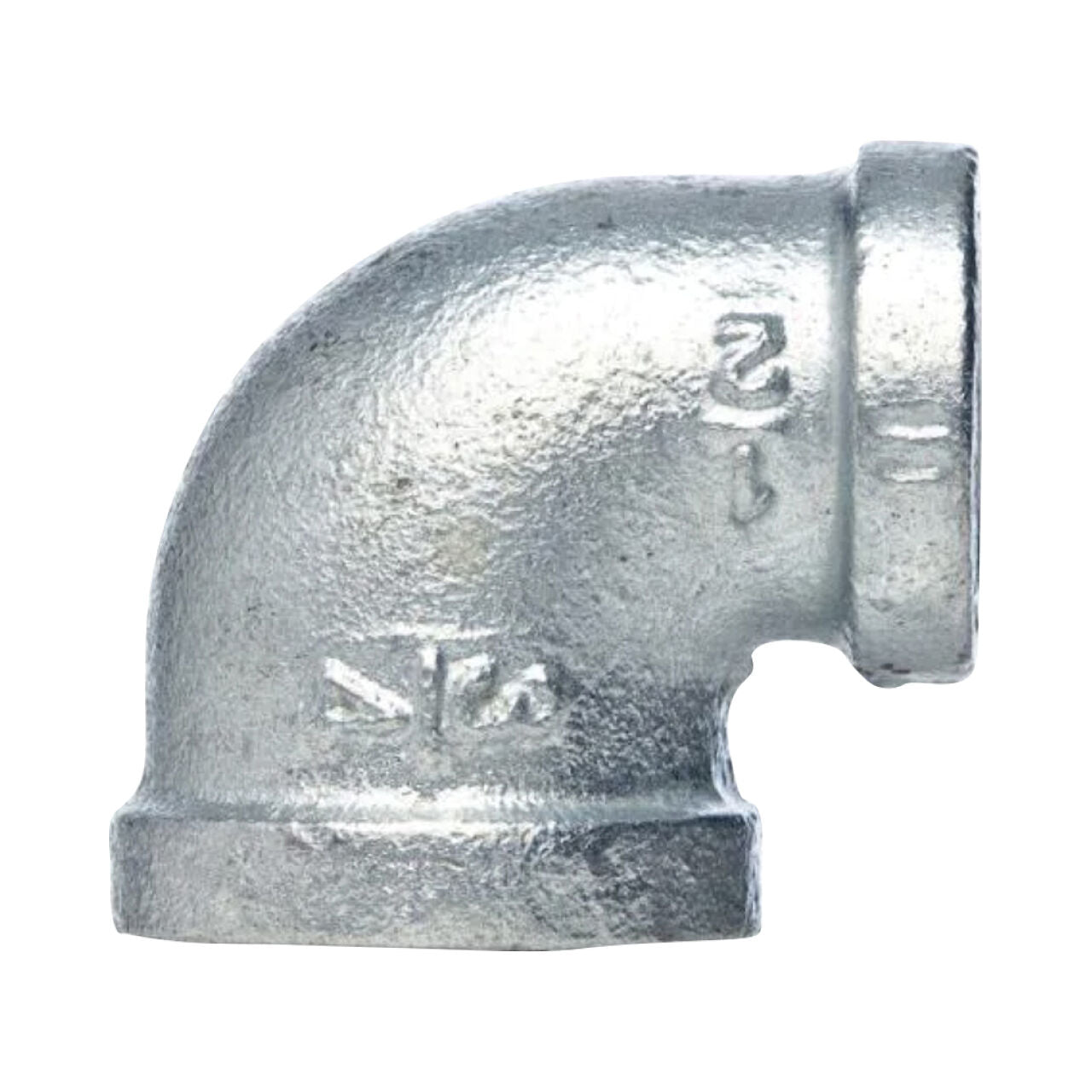 The Go Build 1/2 in. FIP Galvanized Malleable Iron 90-Degree Elbow, featuring embossed markings, is displayed against a white background.